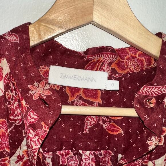 Zimmermann Eyes On Summer Floral Printed Blouse Burgundy/Cream Size US 4 - Picture 5 of 9
